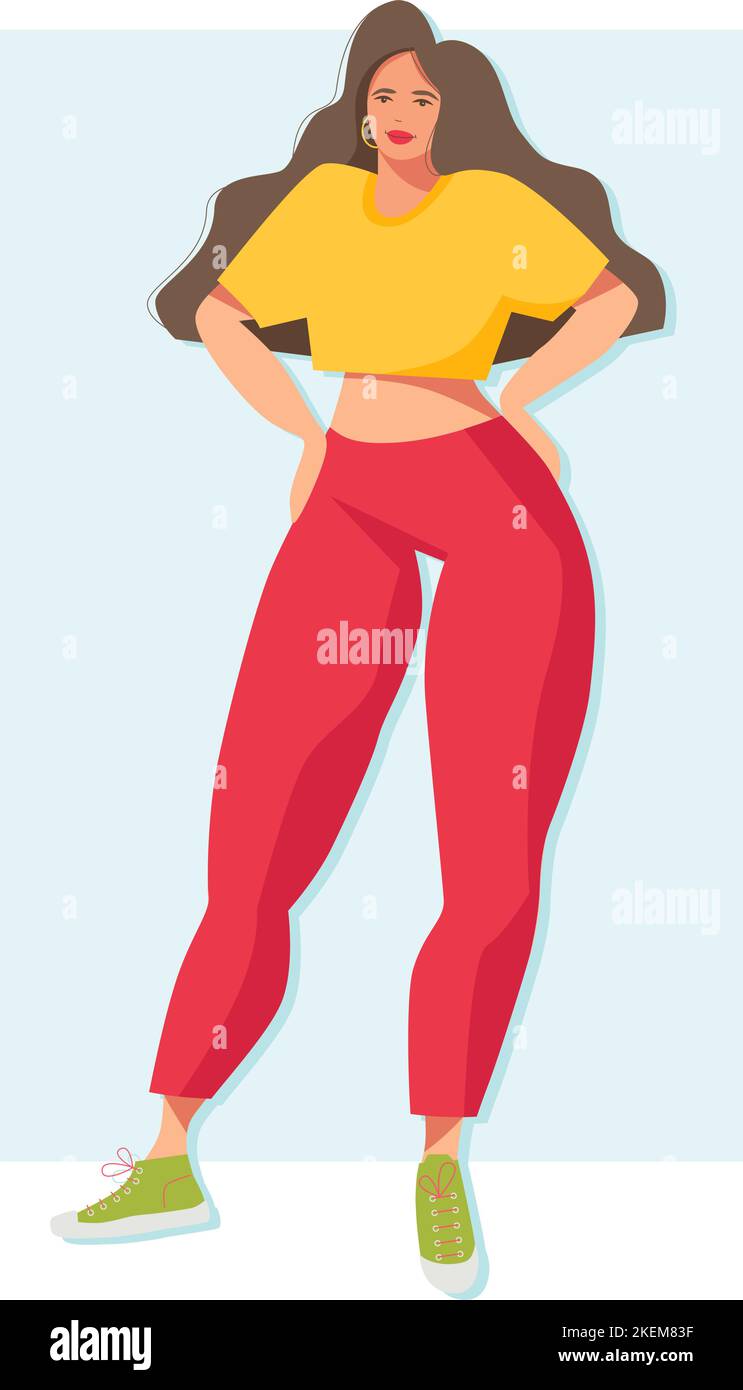Una giovane donna moderna si alza. Una ragazza dolce e bella in una T-shirt gialla e pantaloni rossi. Una ragazza con capelli lunghi. Illustrazione Vettoriale