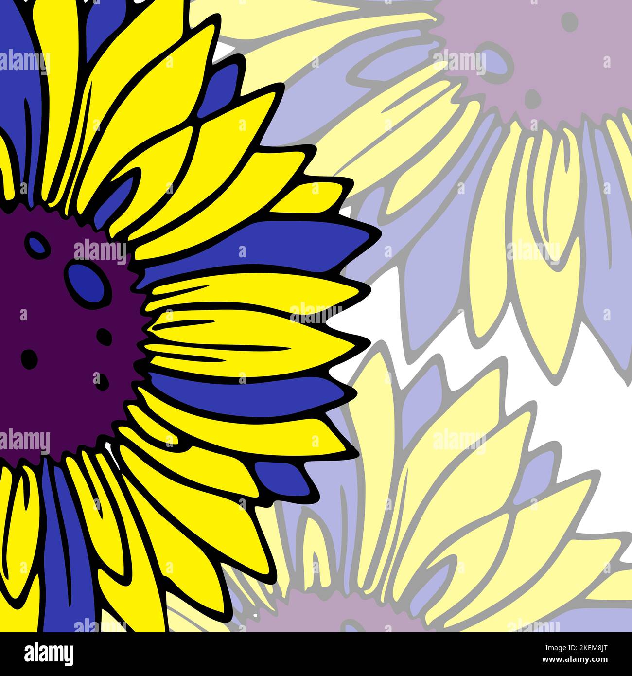 motivo con grandi fiori di girasole blu-gialli, cartolina, sfondo Foto Stock