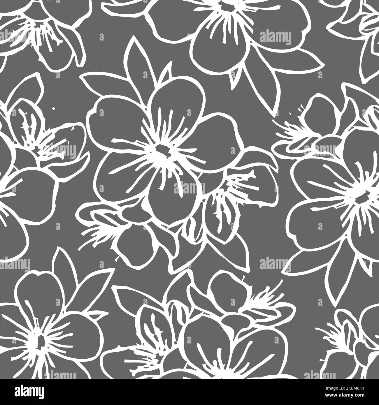 motivo senza cuciture di contorni bianchi di fiori su uno sfondo grigio, texture, design Foto Stock