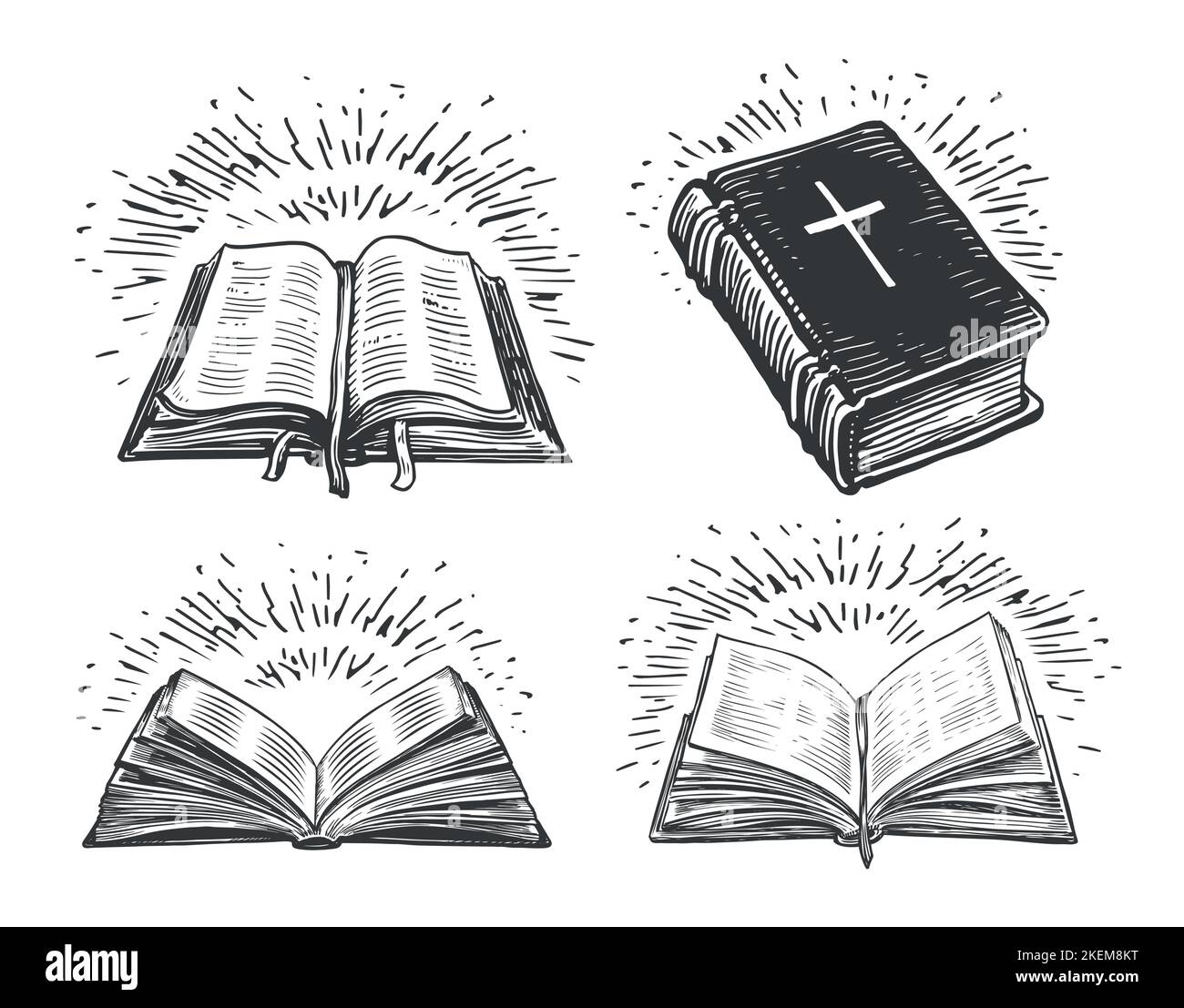 Libro schizzo della Sacra Bibbia. Simbolo religioso della fede in Dio. Chiesa, concetto di culto. Illustrazione vettoriale vintage Illustrazione Vettoriale