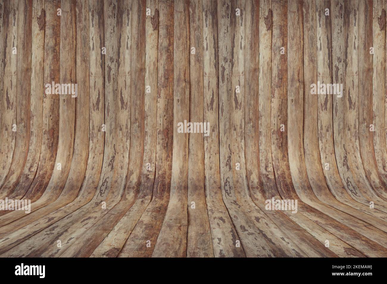 Lo sfondo curvo in parquet invecchiato - Un buon sfondo per l'esposizione di oggetti Foto Stock