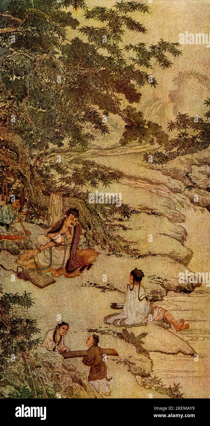 L'immagine 1910 mostra: "Scrittura e riproduzione Zither. Due delle quattro arti (pittura, scrittura, scacchi e gioco della zitera) – dipinte su seta - 14th ° secolo.” In Cina, nei secoli passati, affinché le giovani fanciulle abbiano fiducia in se stesse, si credeva che le loro attività dovessero spesso includere le quattro arti: Pittura, calligrafia, qin e scacchi. Foto Stock