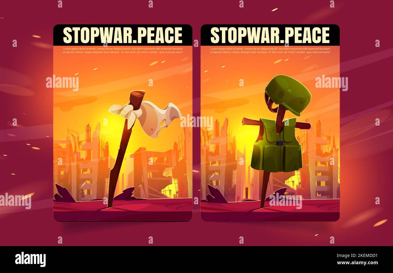 Set di banner cartoon stop war. Illustrazione vettoriale degli edifici distrutti della città sul fuoco e sulla tomba del soldato con armatura del corpo sulla croce, bandiera bianca sul pol Illustrazione Vettoriale