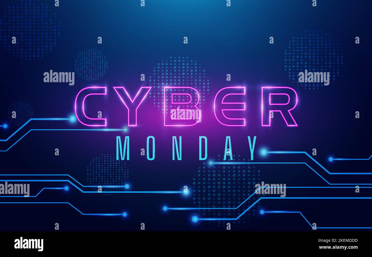 cyber monday testo effetto neon, con tecnologia sfondo blu scheda circuito illustrazione Illustrazione Vettoriale