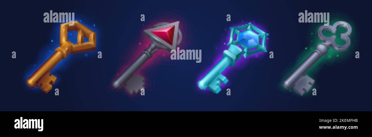 Icone dei puntelli di gioco, risorse dei giocatori. Elementi dell'interfaccia delle chiavi in ferro dorato, argento e cristallo con pietre preziose e misteriosa luce. Grafica cartoon f Illustrazione Vettoriale