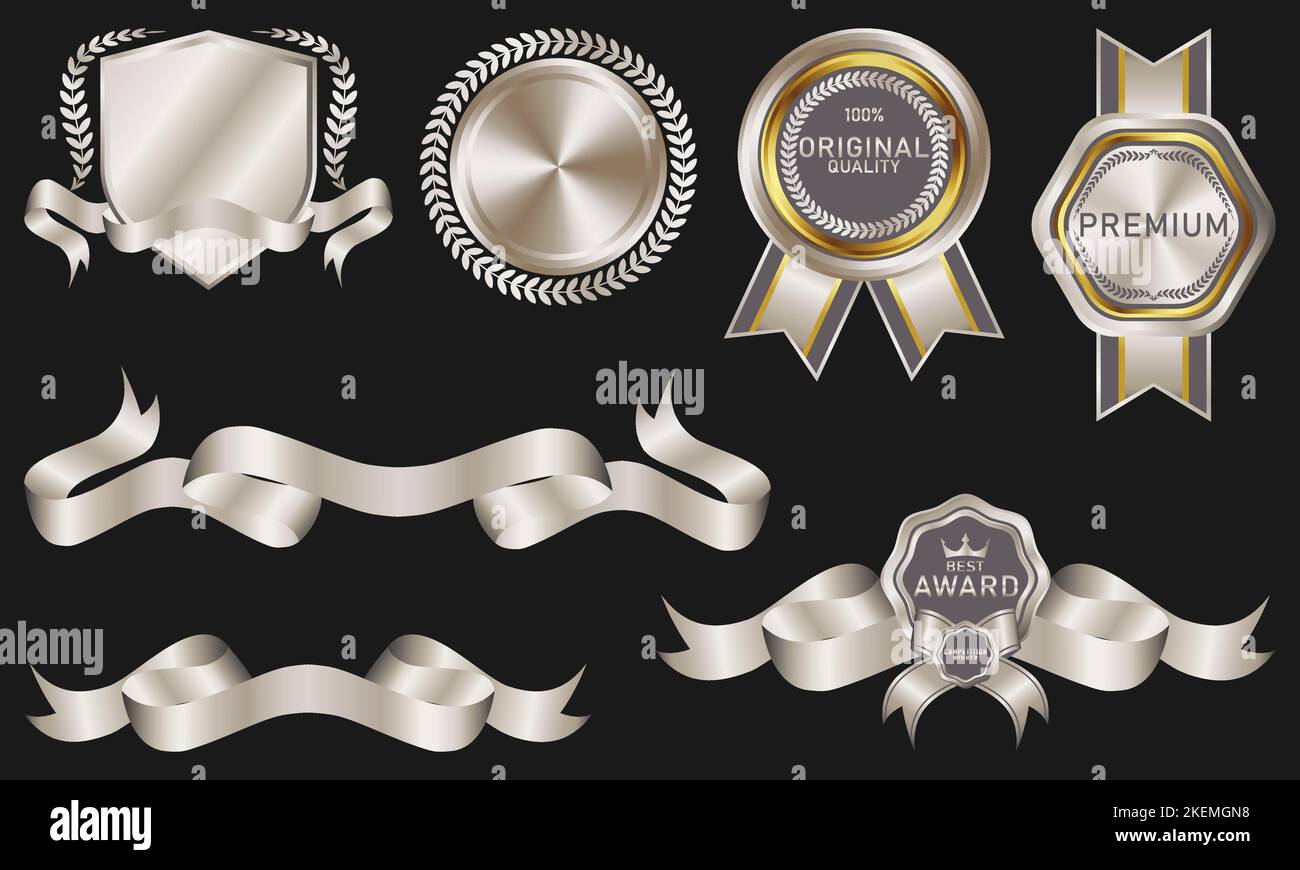 collezione di elementi vettoriali di lusso per badge e nastri, sigilli, medaglie, scudi, cappotti, distintivi, striscioni, rotoli e ornamenti Illustrazione Vettoriale
