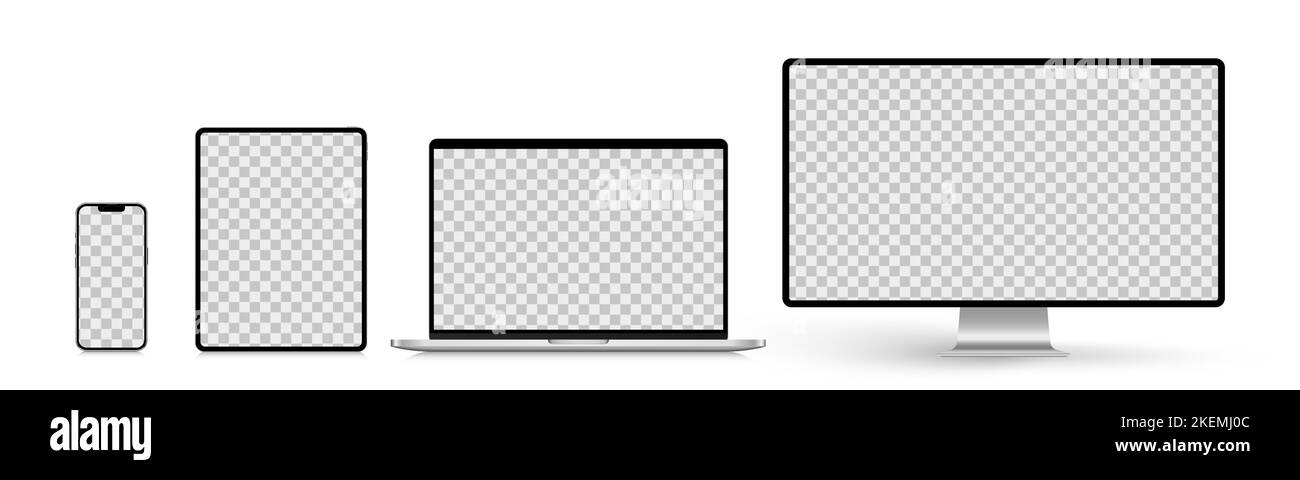 Un set di dispositivi intelligenti isolati con schermo vuoto: Smartphone, tablet, notebook e desktop. Illustrazione vettoriale senza royalty Illustrazione Vettoriale