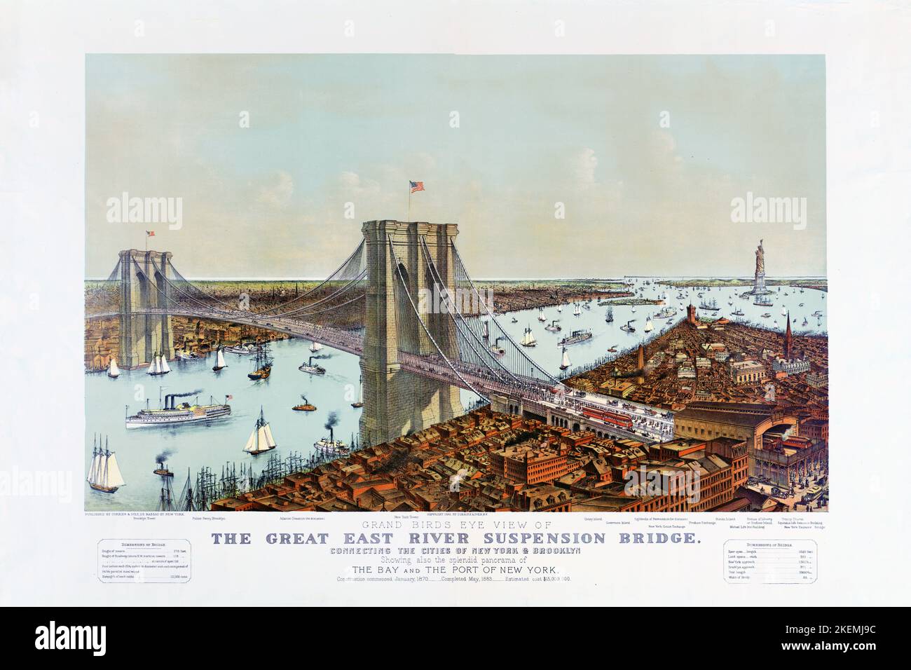 Il ponte sospeso del Great East River. Artista sconosciuto. Poster pubblicato nel 1885 negli Stati Uniti. Foto Stock