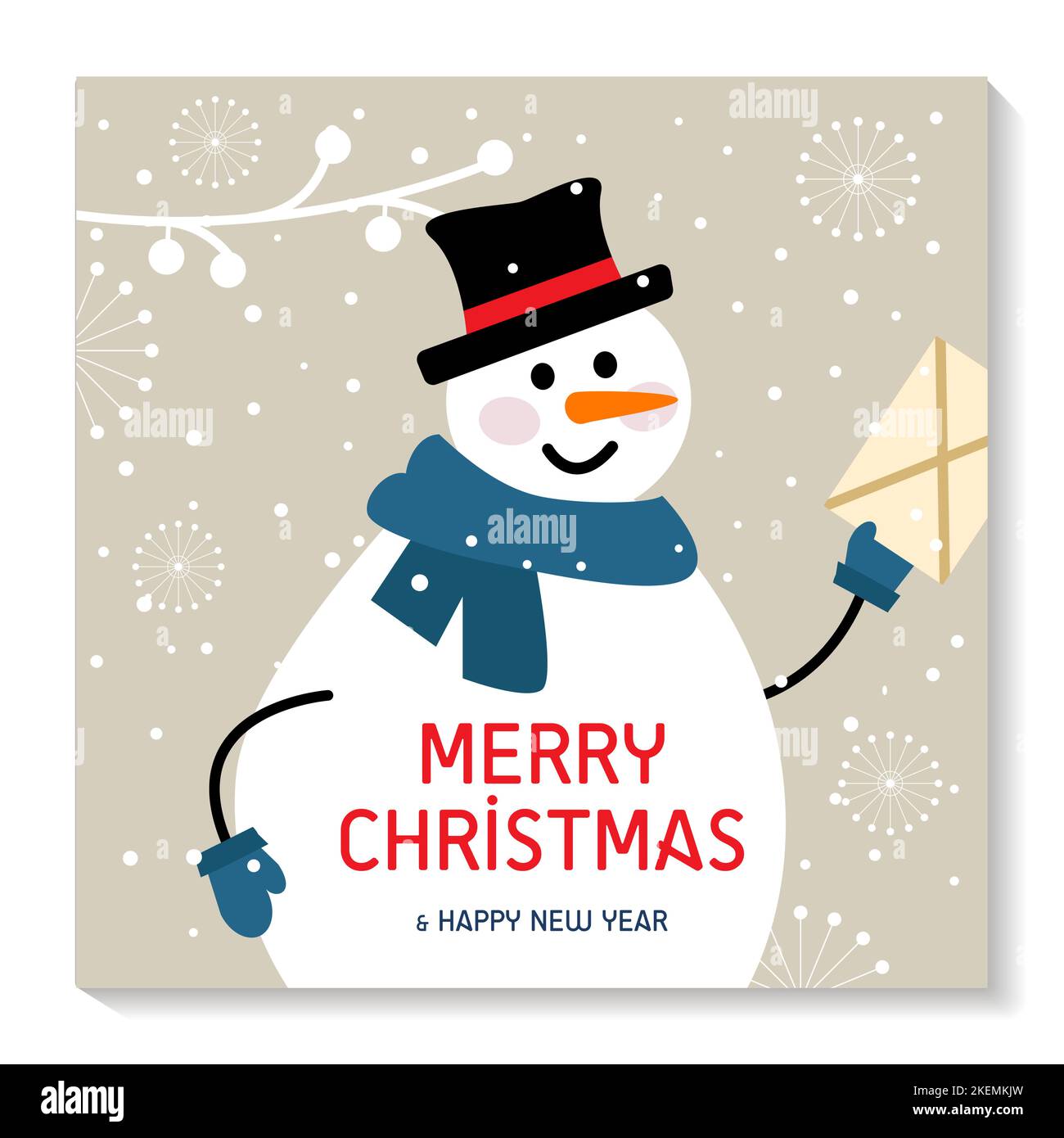 cartoline d'oro di Natale. Pupazzo di neve porta una lettera di congratulazioni. Illustrazione Vettoriale
