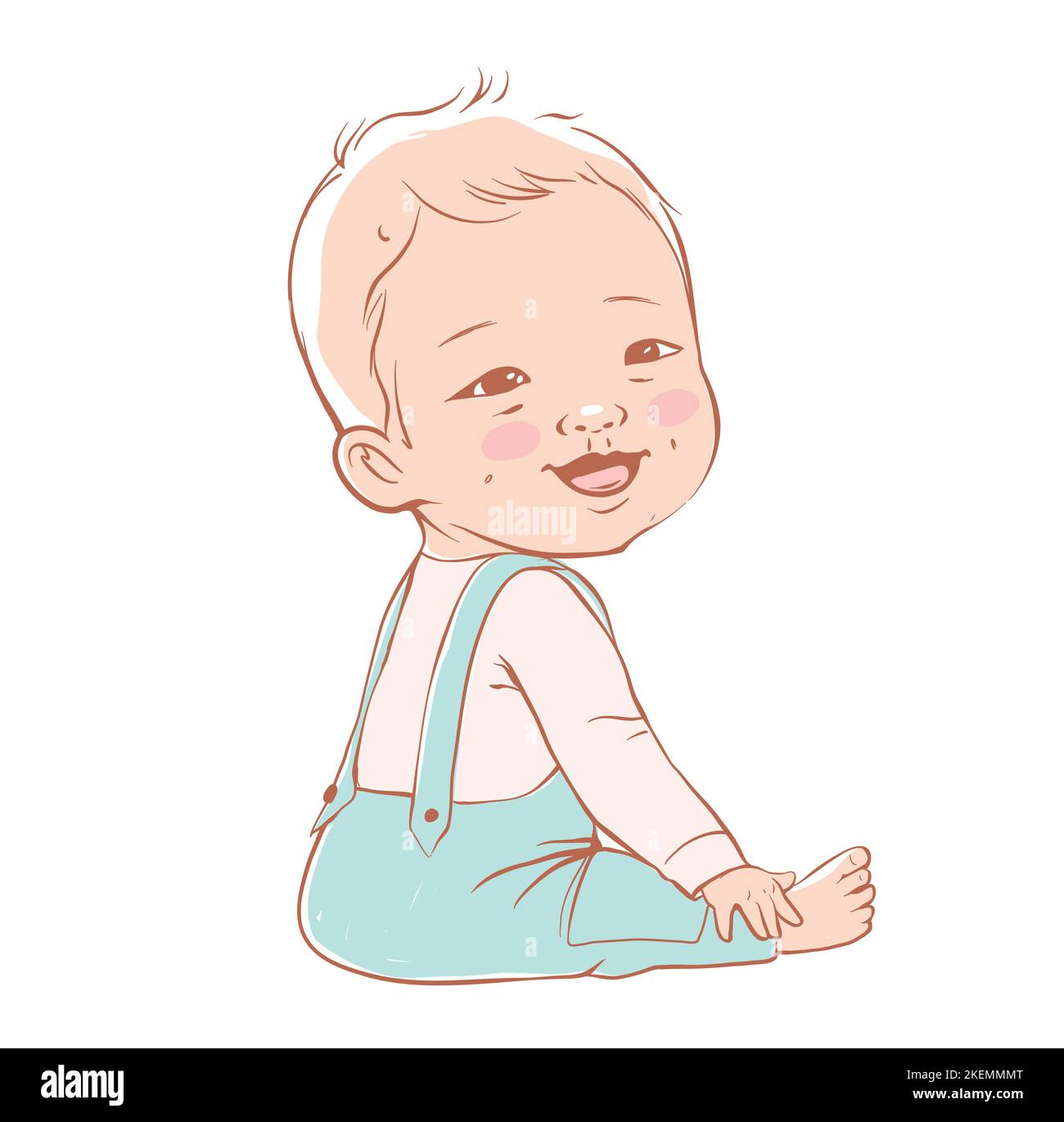 Ragazzo carino seduto e ridendo. Bambino attivo di 3-12 mesi vestito con abiti per bambini Illustrazione Vettoriale