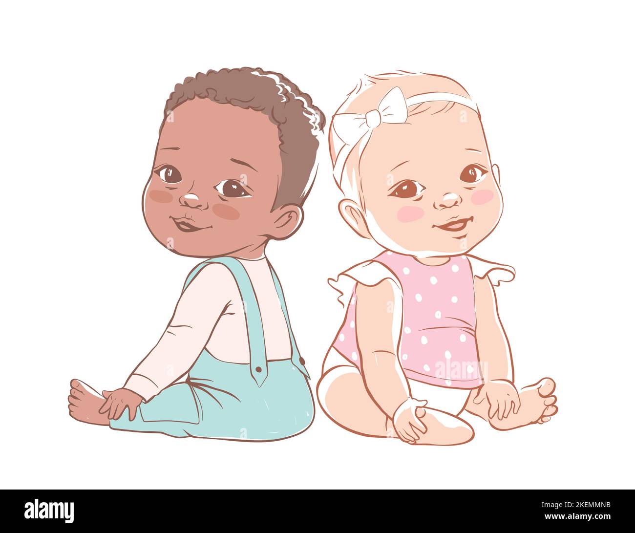 Un ragazzino carino e una ragazza sono seduti e sorridenti. Bambino attivo 3-12 mesi Illustrazione Vettoriale