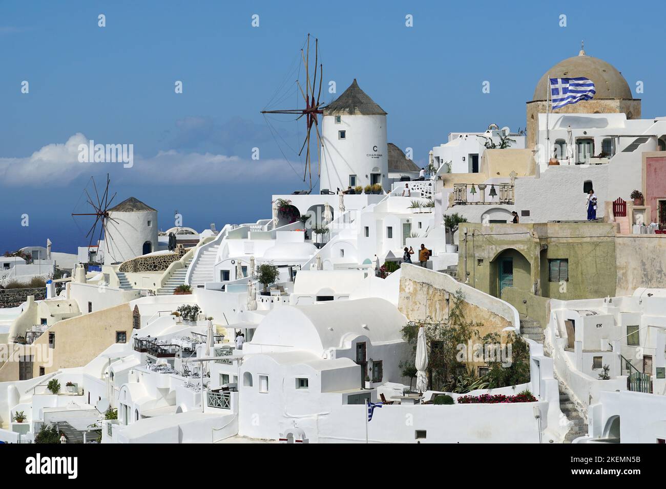 mulino a vento, Oia o Ia (Pano Meria), Santorini, Grecia, Europa Foto Stock