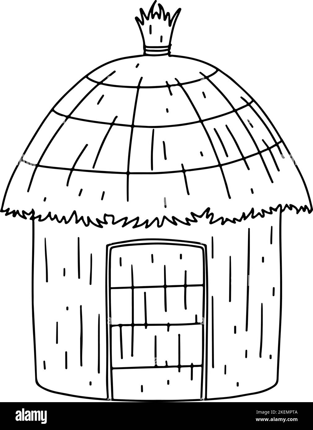 Casa di campagna africana con grande tetto in stile doodle disegnata a mano. Tipica casa sud. Illustrazione vettoriale. Capanna con tetto di palma e entrata autentica Illustrazione Vettoriale