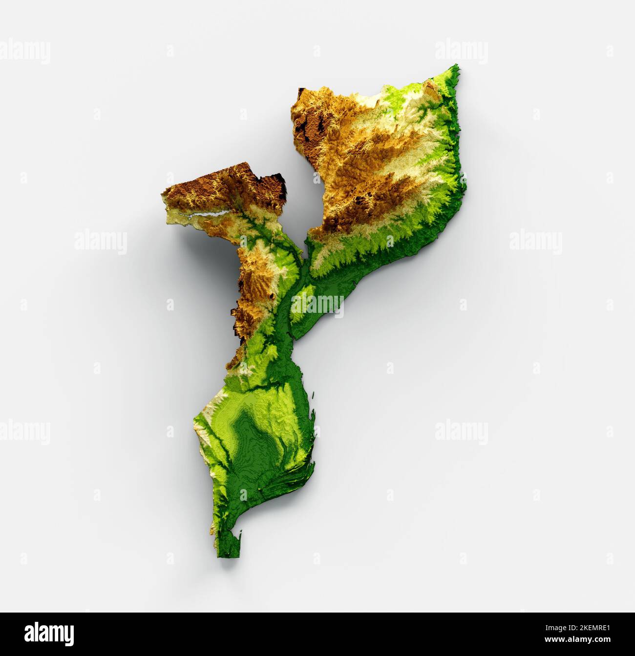 Una rappresentazione 3D di una mappa del Mozambico con rilievo ombreggiato isolato su sfondo bianco Foto Stock