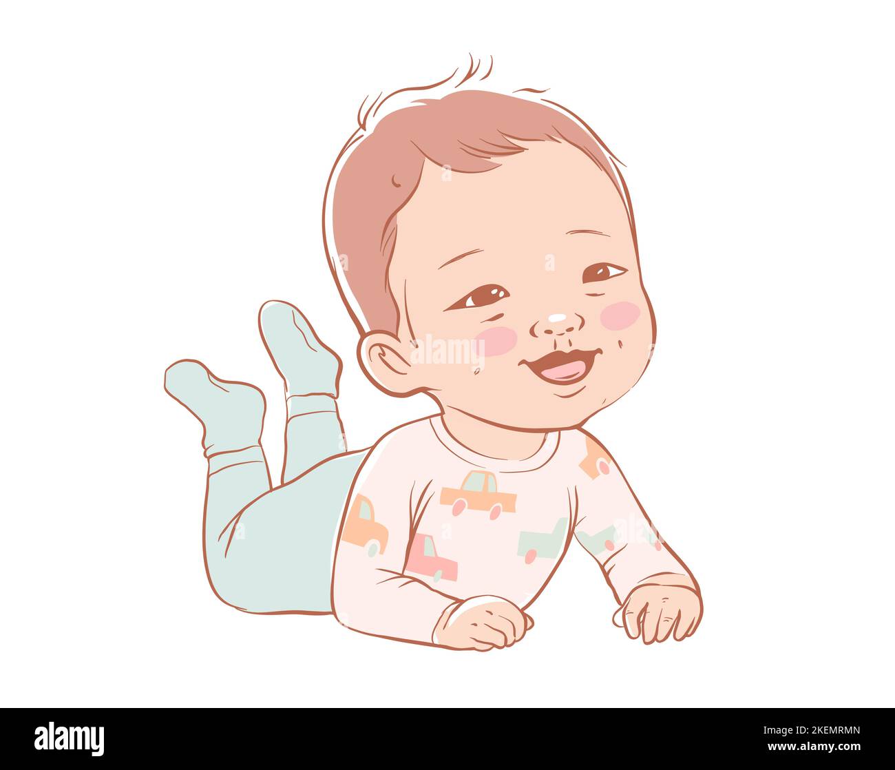 Carino bambino sdraiato e ridendo. Bambino attivo di 3-12 mesi vestito con abiti per bambini Illustrazione Vettoriale