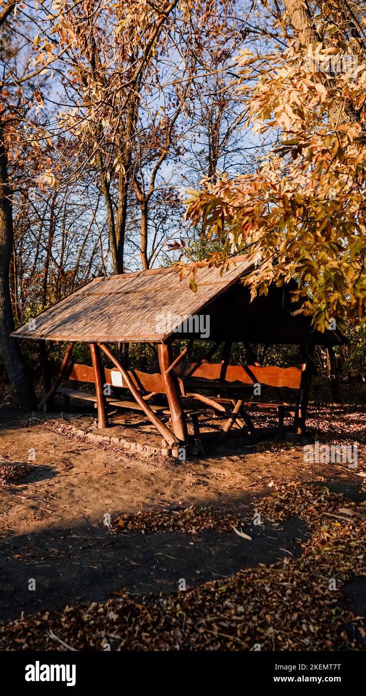 Capannone in un bosco. Casa vicino a un lago o stagno, fiume o baia. Bell'autunno, foglie gialle e alberi. Picnic nella natura. Vacanze autunnali nella foresta. Foto Stock