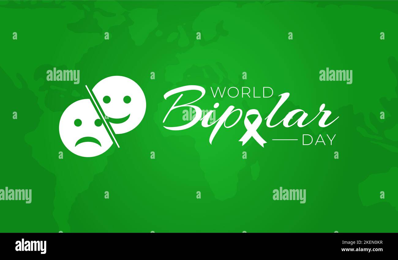 Green World Bipolar Day sfondo Illustrazione Banner con viso triste e felice e nastro Illustrazione Vettoriale