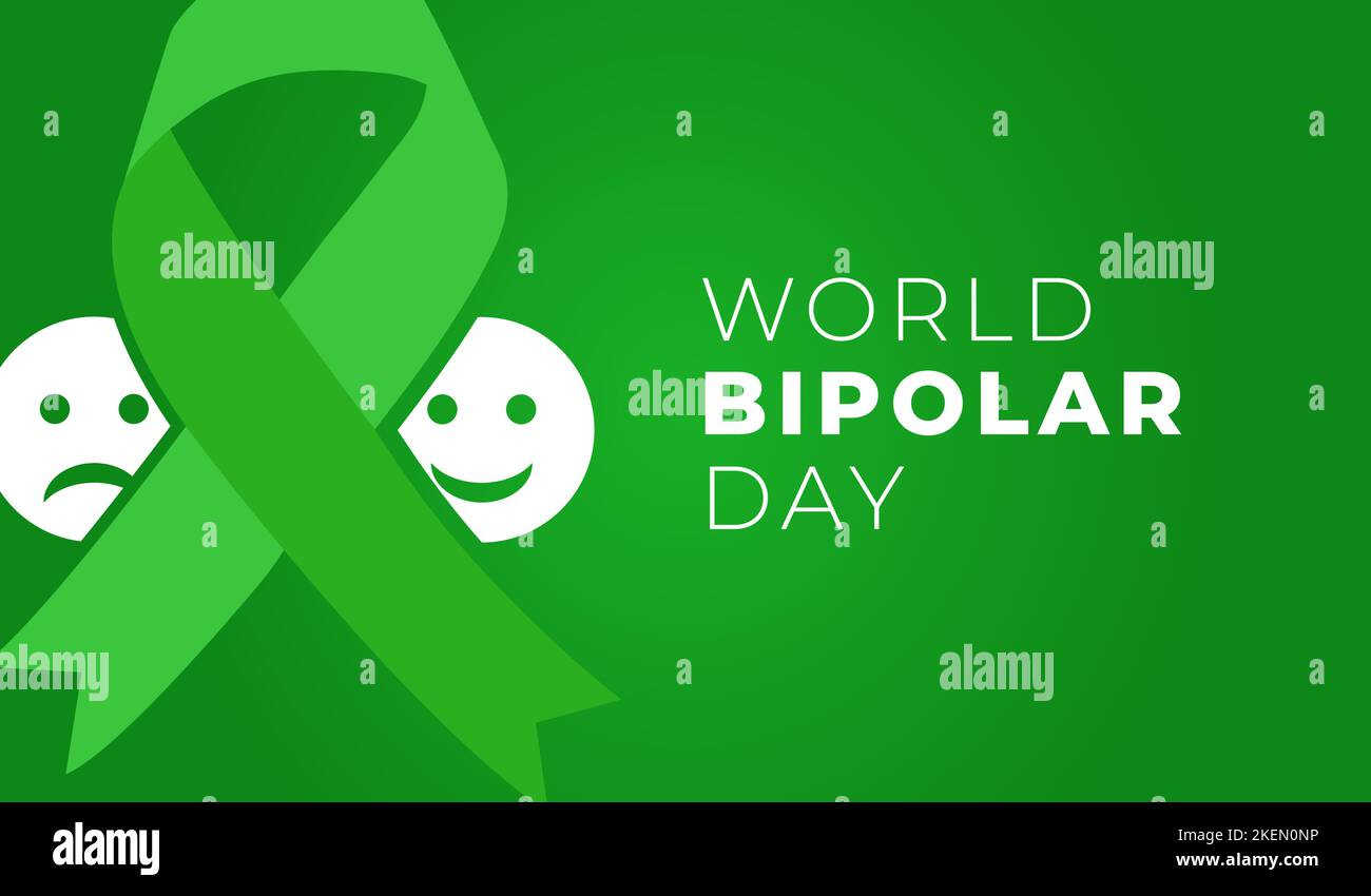 Illustrazione del giorno bipolare del mondo con il viso triste e felice e il nastro verde Illustrazione Vettoriale