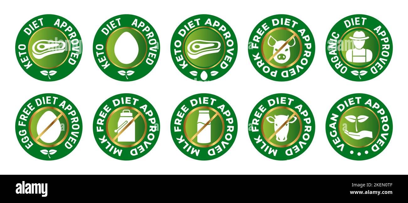 Keto Diet approvato, senza maiale, biologico, uovo, latte e Vegan certificato icona distintivo in oro e verde Illustrazione Vettoriale