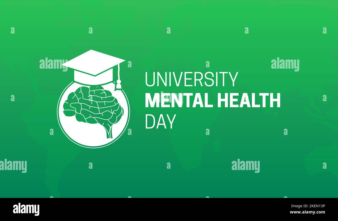 Illustrazione della Giornata Mondiale della Salute mentale dell'Università Verde con cervello e tappo dello studente Illustrazione Vettoriale