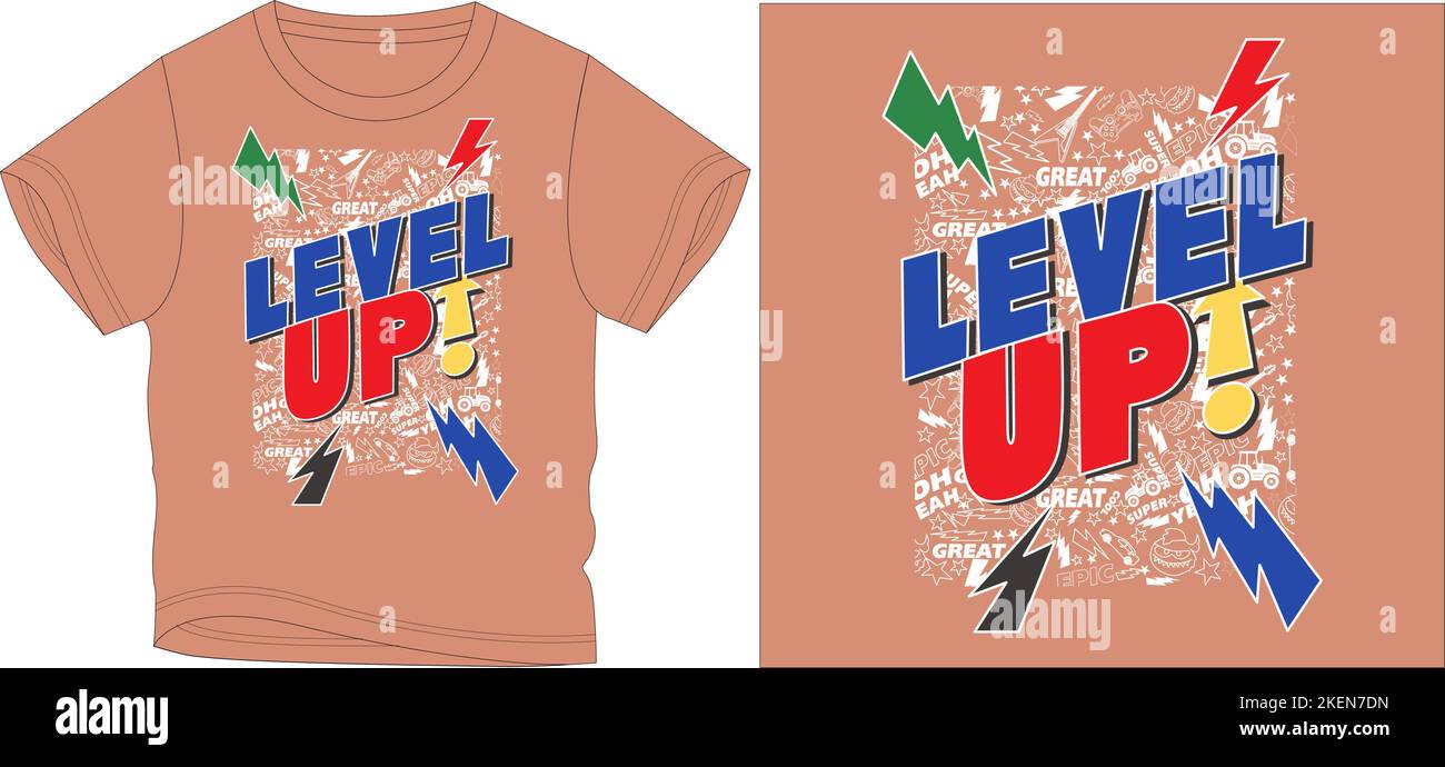 Level up t shirt grafica disegno vettoriale immagine digitale file stampa schermo, abbigliamento bambini, moda bambini, vettore, arte vettoriale, tee grafiche, t s grafici Illustrazione Vettoriale