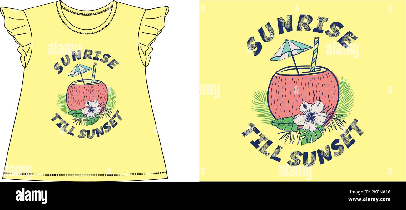 sunrise coconut Juice t shirt grafica disegno vettoriale illustrazione digitale tee file, t shirt grafica, t shirt serigrafia, abbigliamento bambini, moda bambini, Illustrazione Vettoriale