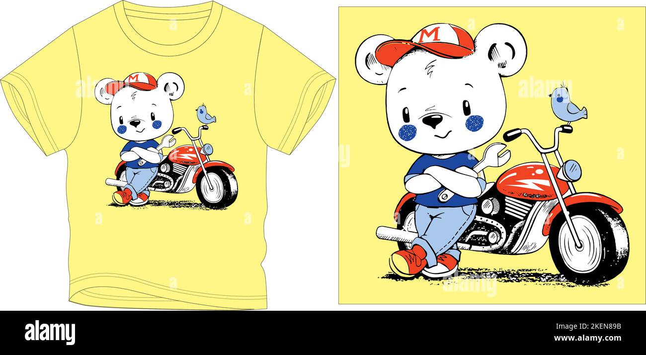 orsacchiotto con t-shirt bici disegno grafico vettoriale illustrazione digitale tee file, t-shirt grafica, t-shirt serigrafia, abbigliamento bambini, moda bambini, v Illustrazione Vettoriale