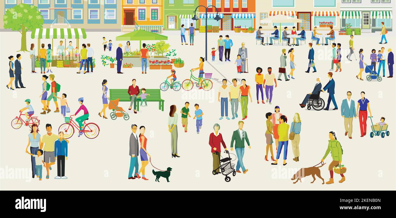 strada dello shopping con la gente e la vita della città, illustrazione, Illustrazione Vettoriale