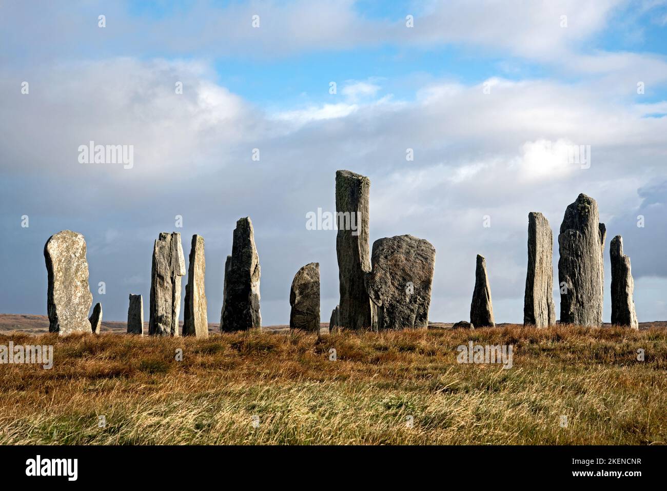 Pietre in piedi Callanish - il cerchio di pietra di 5.000 anni sull'isola di Lewis nelle Ebridi esterne, Scozia, Regno Unito. Foto Stock