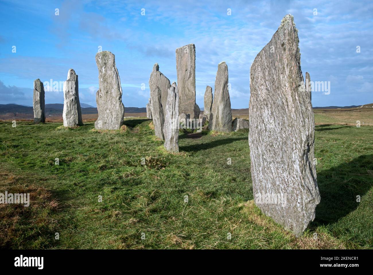 Pietre in piedi Callanish - il cerchio di pietra di 5.000 anni sull'isola di Lewis nelle Ebridi esterne, Scozia, Regno Unito. Foto Stock