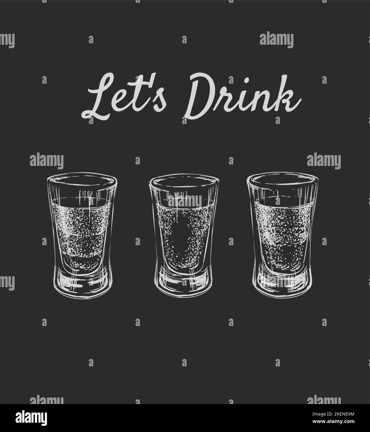 Lascia bere. Tre tipi di bevande alcoliche in bicchierini. Illustrazione vettoriale disegnata a mano. Illustrazione Vettoriale