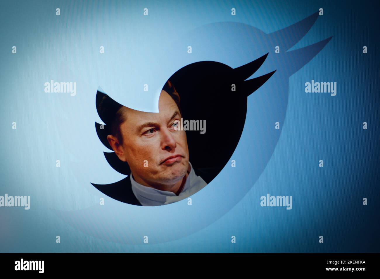 Il proprietario di Twitter Elon Musk è visto con un logo Twitter in questa foto illustrazione a Varsavia, Polonia, il 21 settembre 2022. Il management di Twitter ha announc Foto Stock