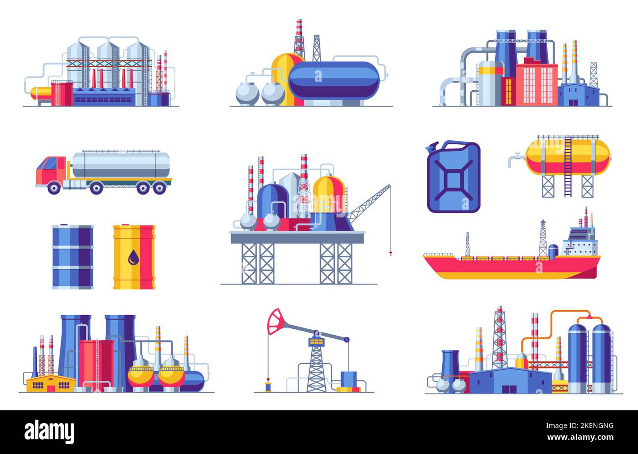 Icone di estrazione e produzione dell'olio. Costruzioni per l'industria del gas combustibile, gasdotti per fusti di petrolio simboli di trasporto del carbone stile cartoon. Vettore Illustrazione Vettoriale