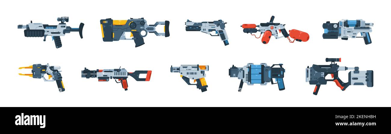 Fumetto futuristico pistola da gioco. Fumetto retrò alieno spazio Blasters laser armi pistola gadget, astratto ufo fiction pistola per bambini. Raccolta vettoriale Illustrazione Vettoriale