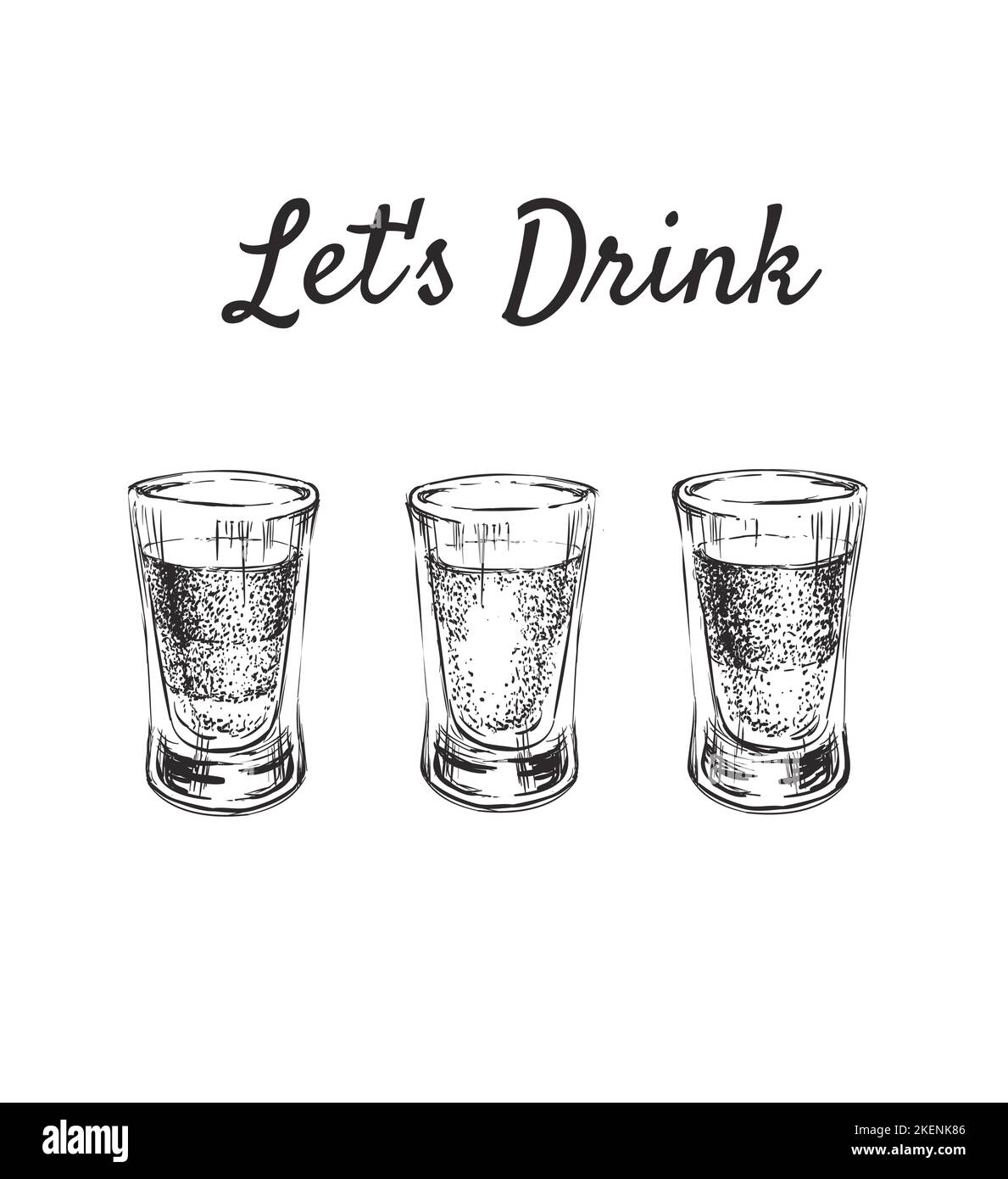 Lascia bere. Tre tipi di bevande alcoliche in bicchierini. Illustrazione vettoriale disegnata a mano. Illustrazione Vettoriale