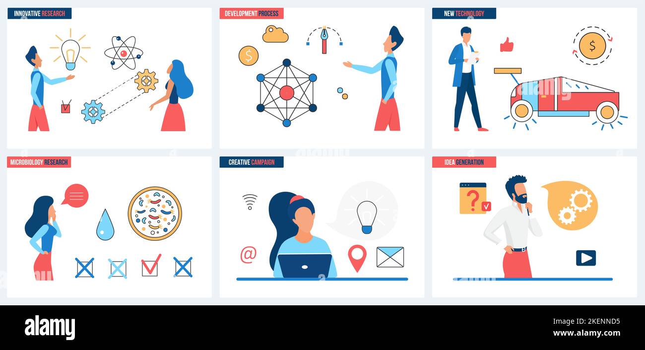 La ricerca e la tecnologia innovative, il processo di generazione di idee creative e lo sviluppo della scienza hanno definito l'illustrazione vettoriale. Cartoon persone piccole studiano microbiologia, lavorano con macchine intelligenti e dati Illustrazione Vettoriale