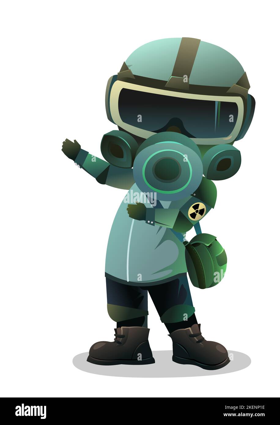 Mostra l'uomo nella maschera a gas. Carattere nella protezione chimica contro le polveri radioattive. Cartoon persona post-apocalisse. Radiazione e comportamento. Isolato su Illustrazione Vettoriale