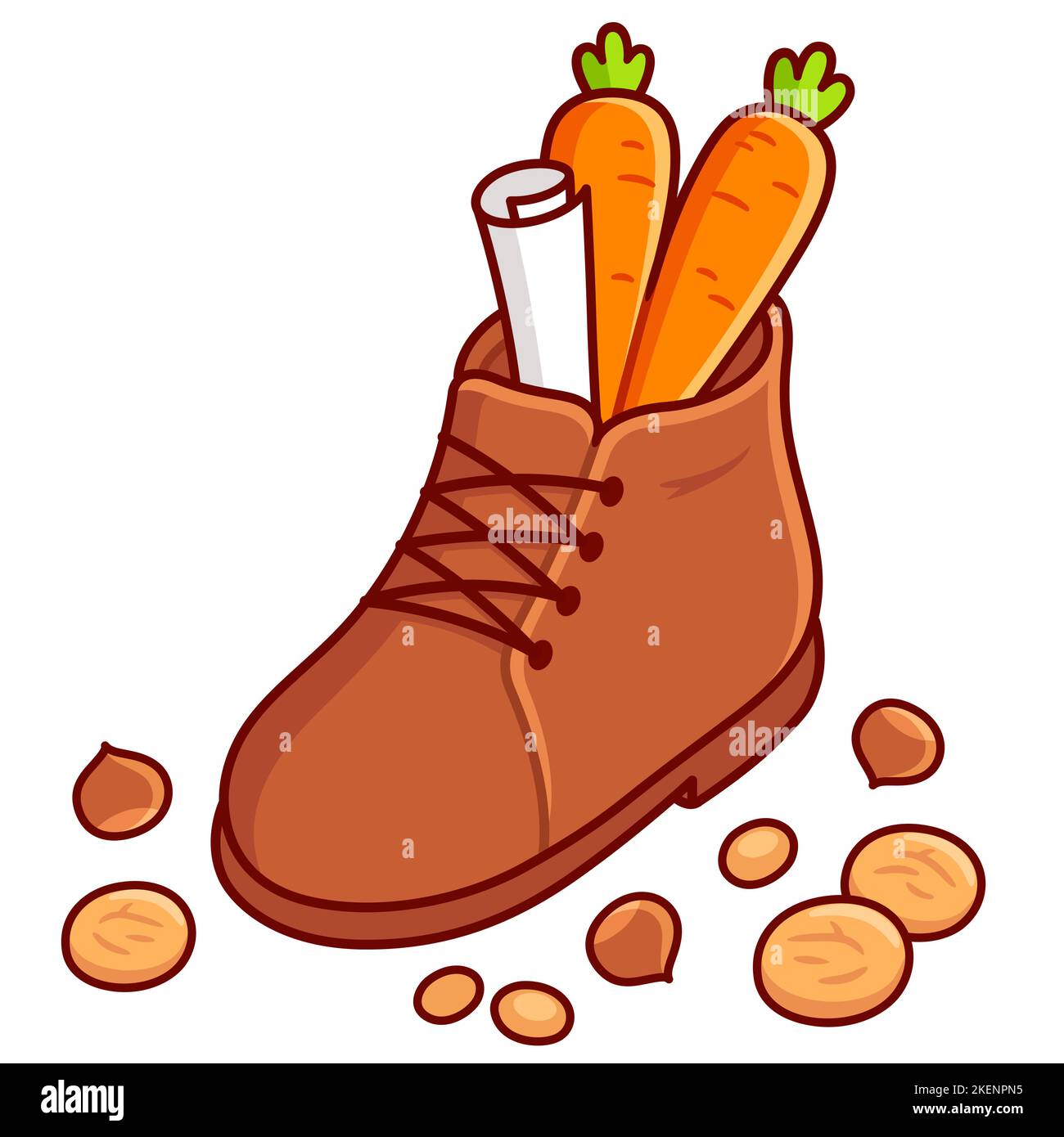 Sinterklaas (San Nicola) giorno tradizione, carota con lettera in una scarpa, pepernoot biscotti e noci. Carino cartoon vettore clip art illustrazione. Illustrazione Vettoriale