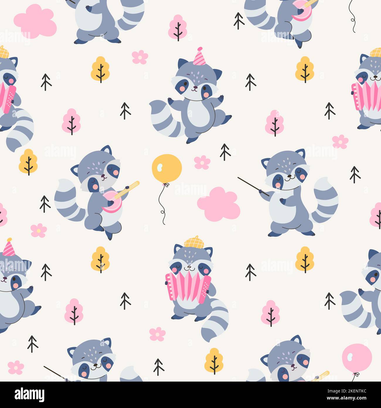 Motivo Raccoon Chilldish senza cuciture. Carino raccoons bambini che avvolgono, kawaii animali boschivi. Baby stampa tessile design moderno, sfondo vettoriale scandi Illustrazione Vettoriale