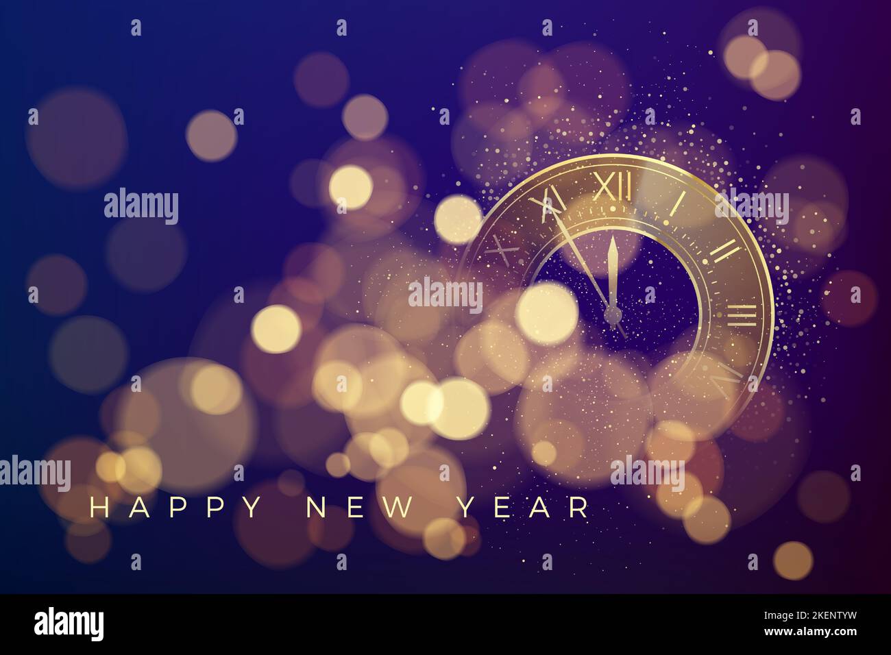 Buon biglietto di auguri per il nuovo anno. Conto alla rovescia per il nuovo anno in orologio. Luci, scintille e effetto bokeh. Illustrazione vettoriale Illustrazione Vettoriale