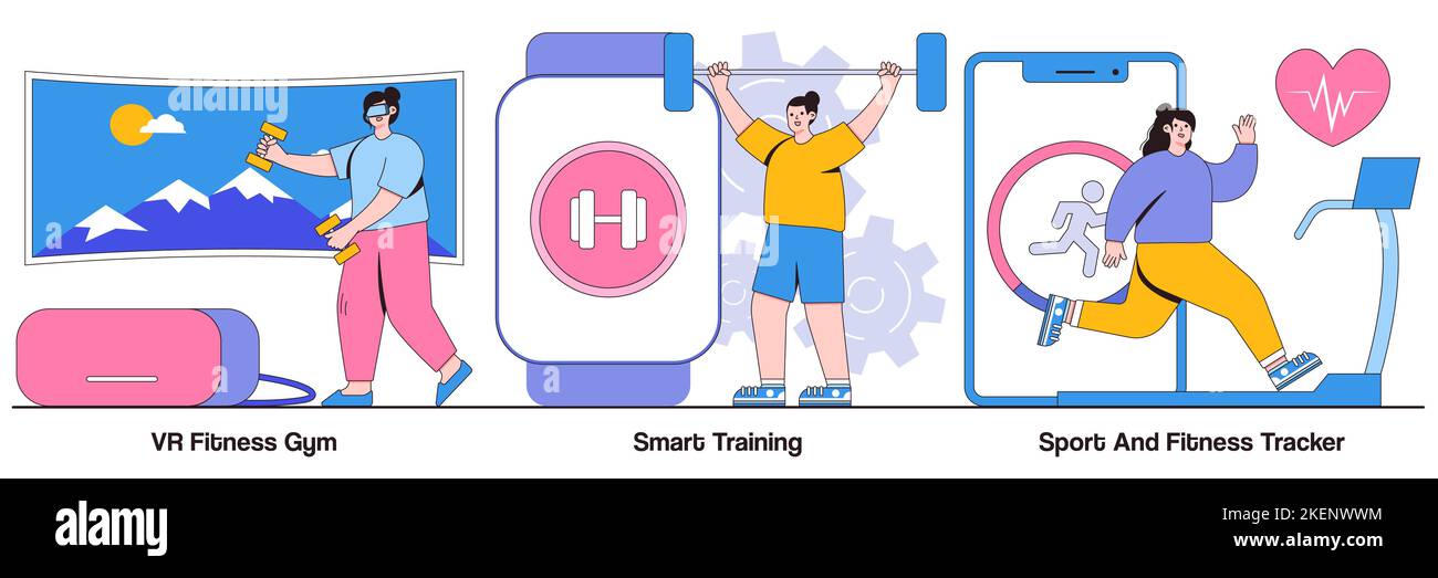 VR fitness gym, allenamento intelligente, sport e fitness tracker concept con personaggi. Pacchetto di illustrazioni sulle tecnologie di training personale intelligente. Adatta Illustrazione Vettoriale