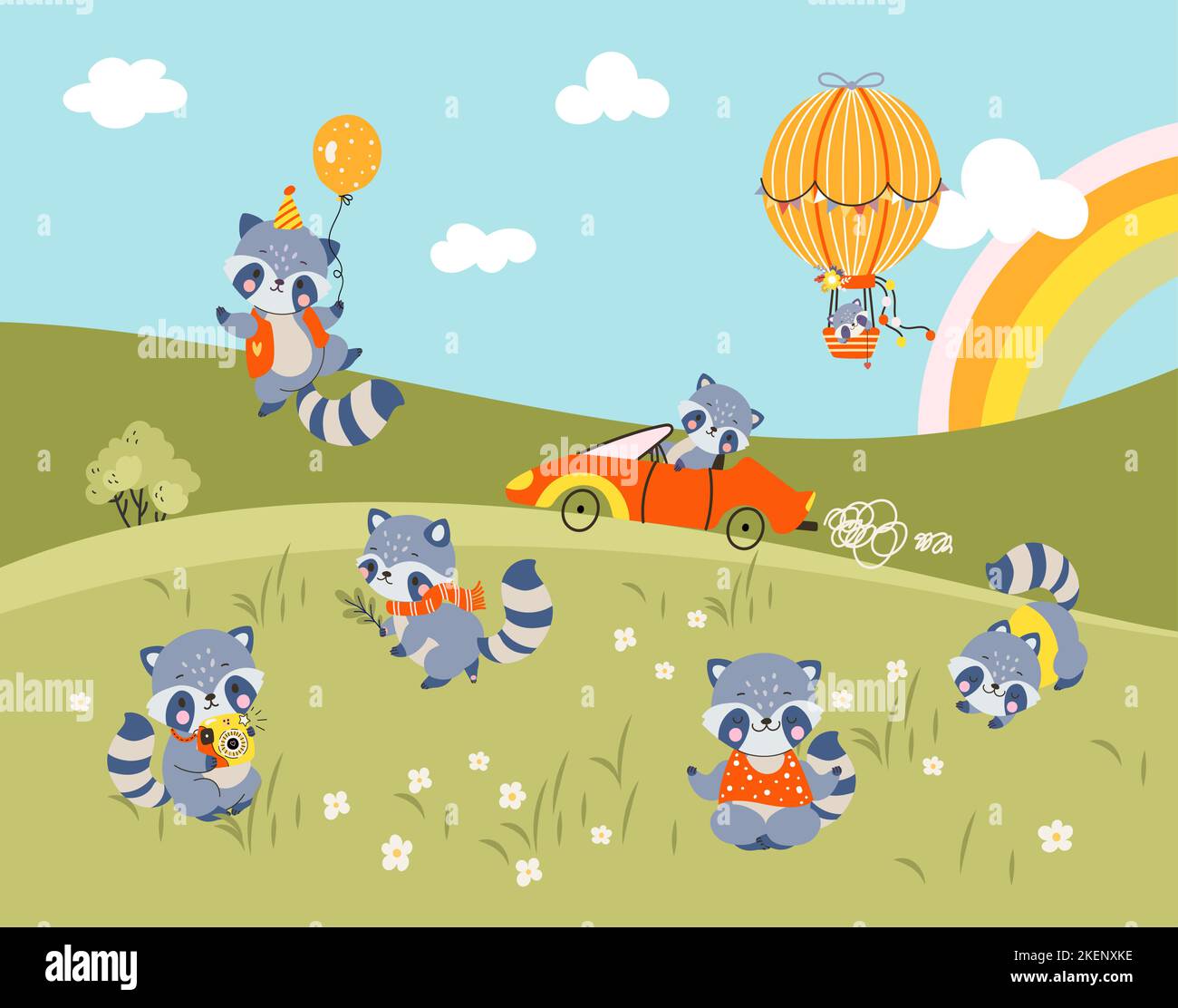 Cartoni animati su sfondo verde prato. Autista di Raccoon e volando su una mongolfiera, rilassati e scatta foto. Paesaggio vettoriale degli animali oggi Illustrazione Vettoriale