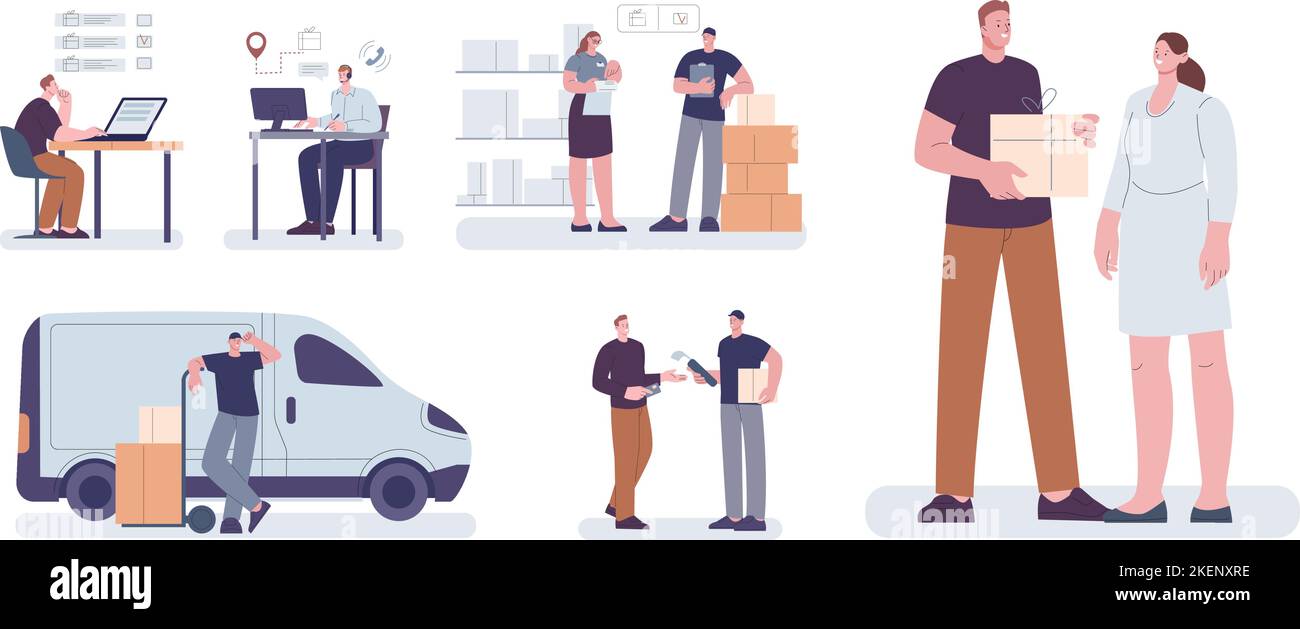 Concetto di ordine e consegna. Addetto alla consegna che trasporta merci dall'ufficio al cliente. Acquisto di regali online, scatola di consegna del corriere. Scene vettoriali logistiche di Kicky Illustrazione Vettoriale