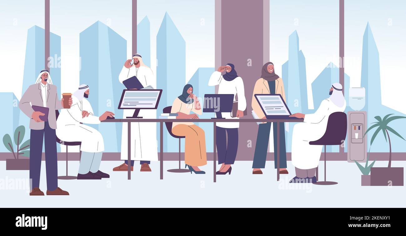 Ufficio arabo musulmano del lavoro di squadra. Carriera Saudita, lavoro di collaborazione o riunione di lavoro. Uomo e donna arabi che lavorano, caratteri vettoriali arabi kicky Illustrazione Vettoriale