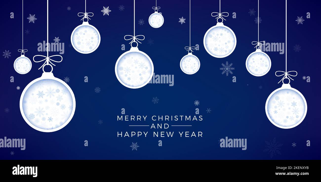 Copertina stilizzata per biglietti d'auguri per il nuovo anno. Elemento di decorazione per le vacanze. Tagliare le palle di Natale di carta su sfondo blu con fiocco di neve. Illustrazione vettoriale Illustrazione Vettoriale