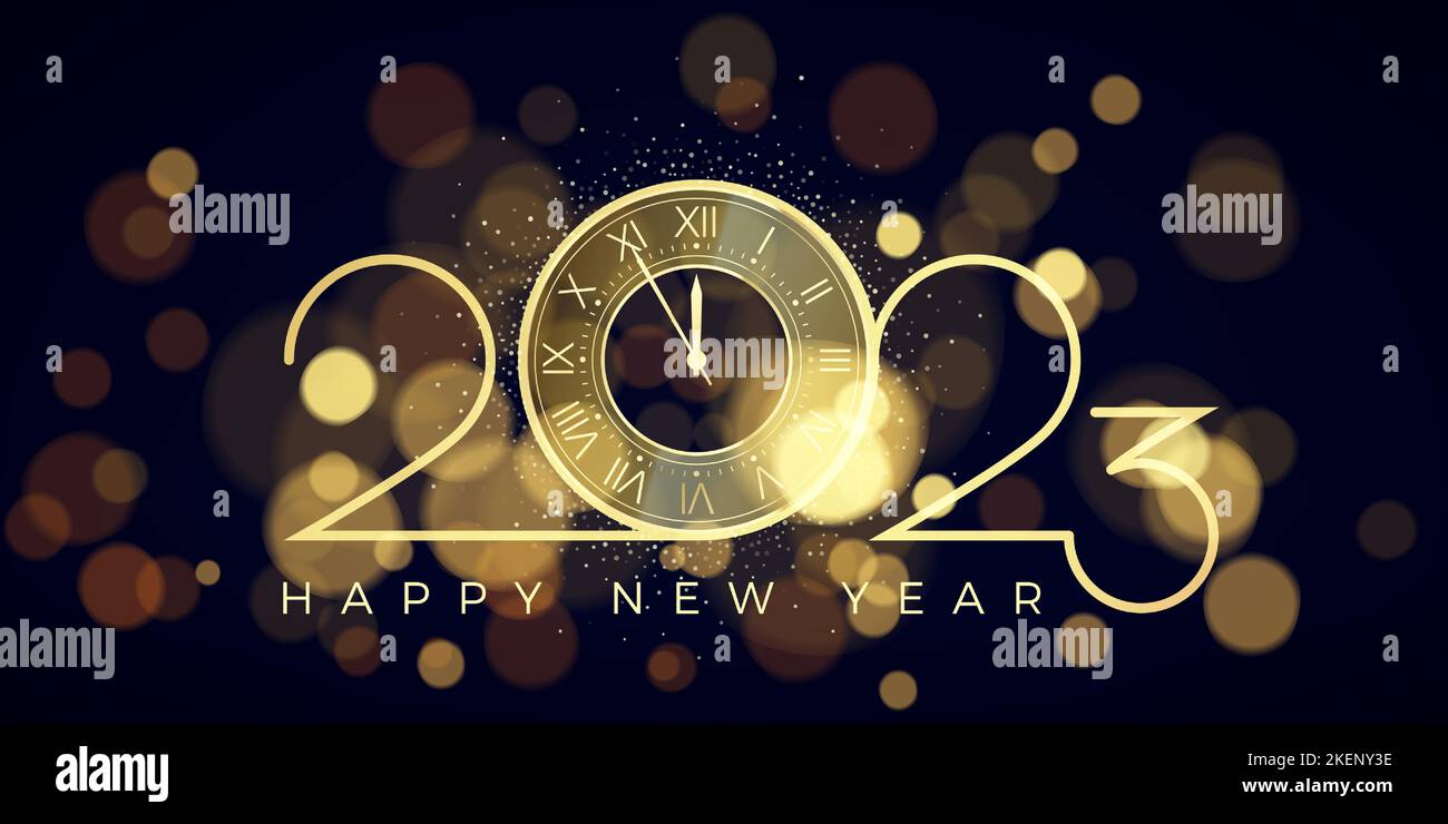 Felice anno nuovo 2023. Numeri d'oro e orologio con conto alla rovescia di cinque minuti. Celebrazione mezzanotte. Sfocate la luce sullo sfondo delle festività. Illustrazione vettoriale Illustrazione Vettoriale