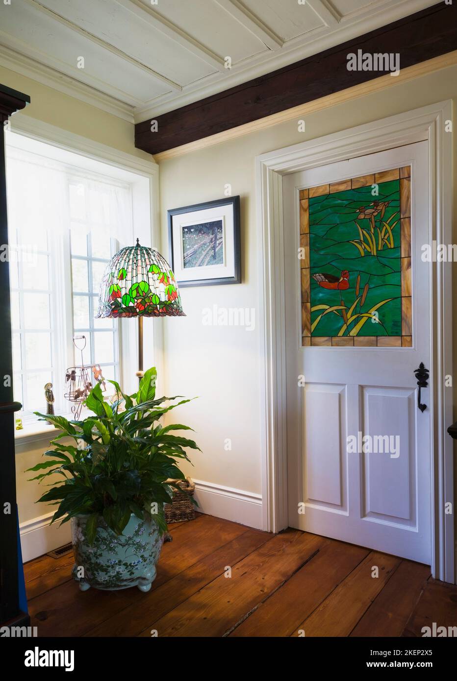 Pianta verde in vaso e lampada a piedistallo in vetro colorato nell'angolo del soggiorno e porta chiusa del bagno con pannello di vetro colorato all'interno della vecchia casa. Foto Stock