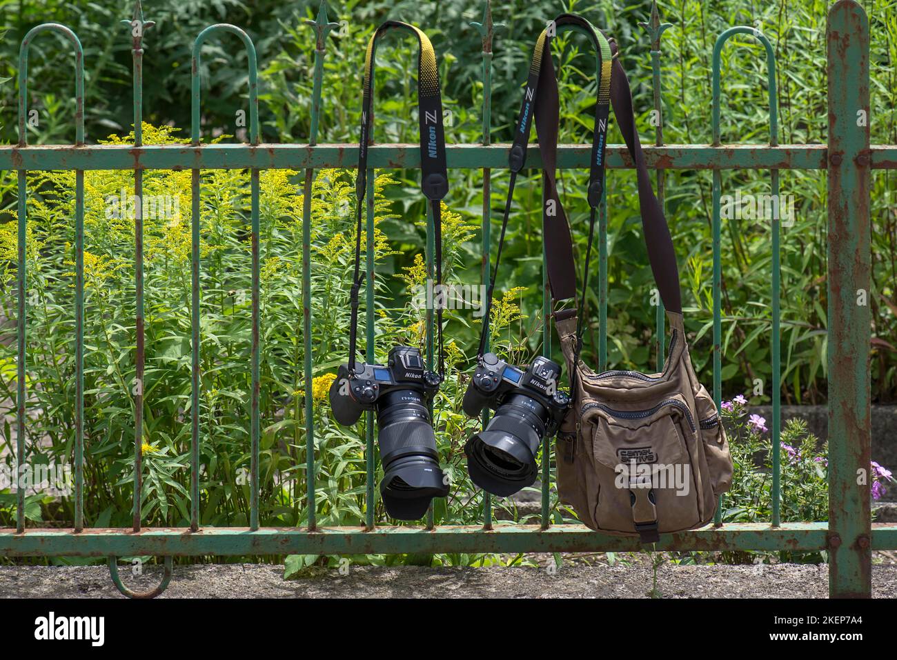 Fotocamere e borsa fotografica appesa a una recinzione da giardino, Baviera, Germania Foto Stock