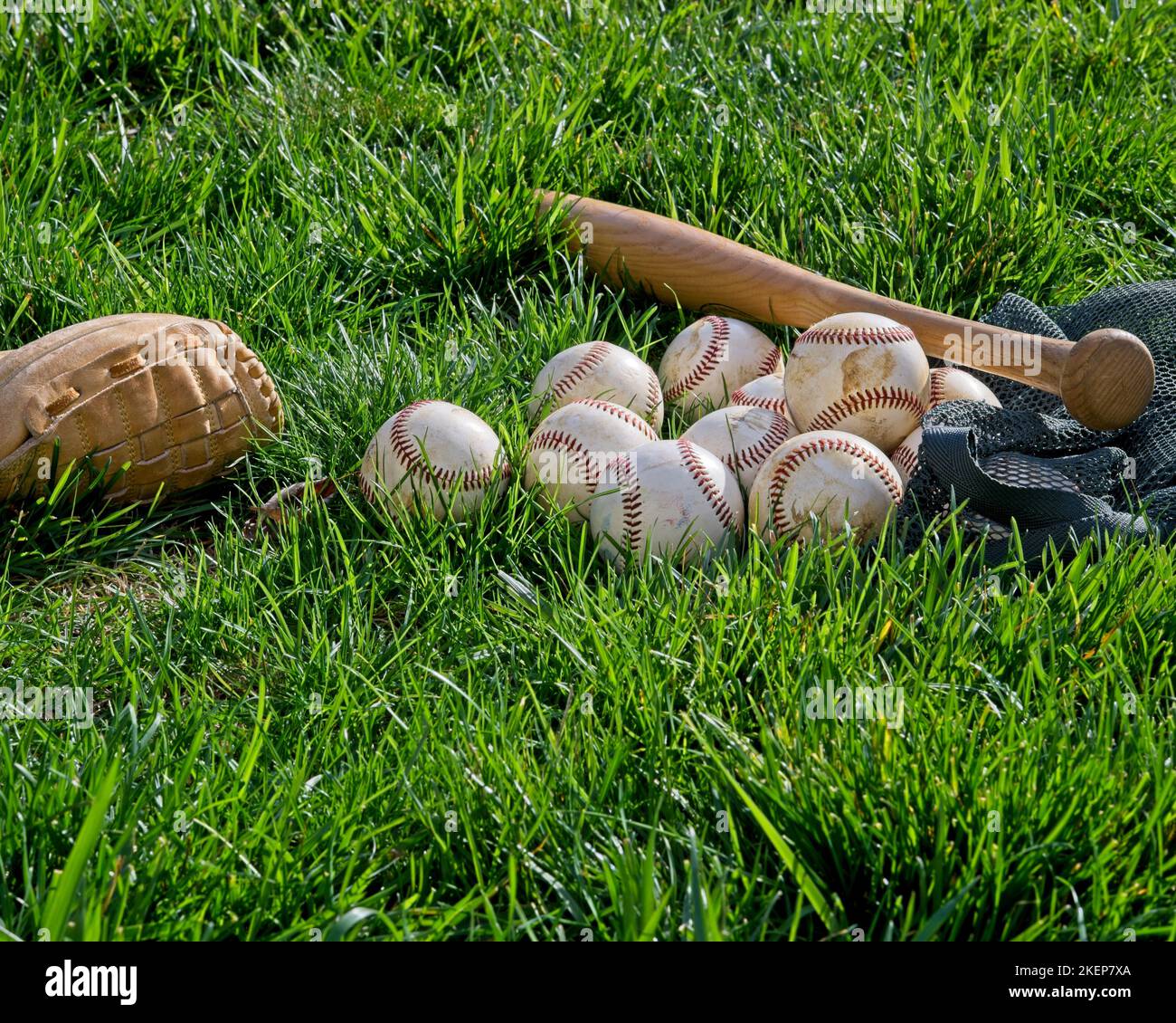 Palle di baseball, mitt e un pipistrello in erba Foto Stock