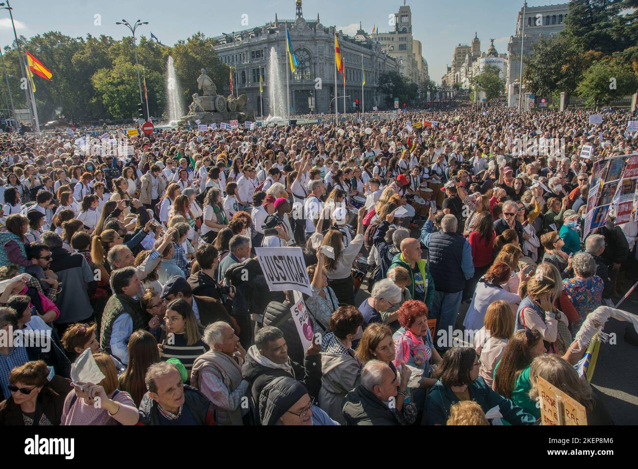 Madrid, Madrid, Spagna. 13th Nov 2022. Centinaia di migliaia di persone hanno marciato a Madrid domenica 13 novembre, per ottenere miglioramenti della salute pubblica e contro la spinta del governo regionale verso i piani di riforma. I partecipanti, sostenuti dai sindacati e dai partiti di opposizione, hanno chiesto qualità, assistenza sanitaria universale. (Credit Image: © Alberto Sibaja/Pacific Press via ZUMA Press Wire) Foto Stock